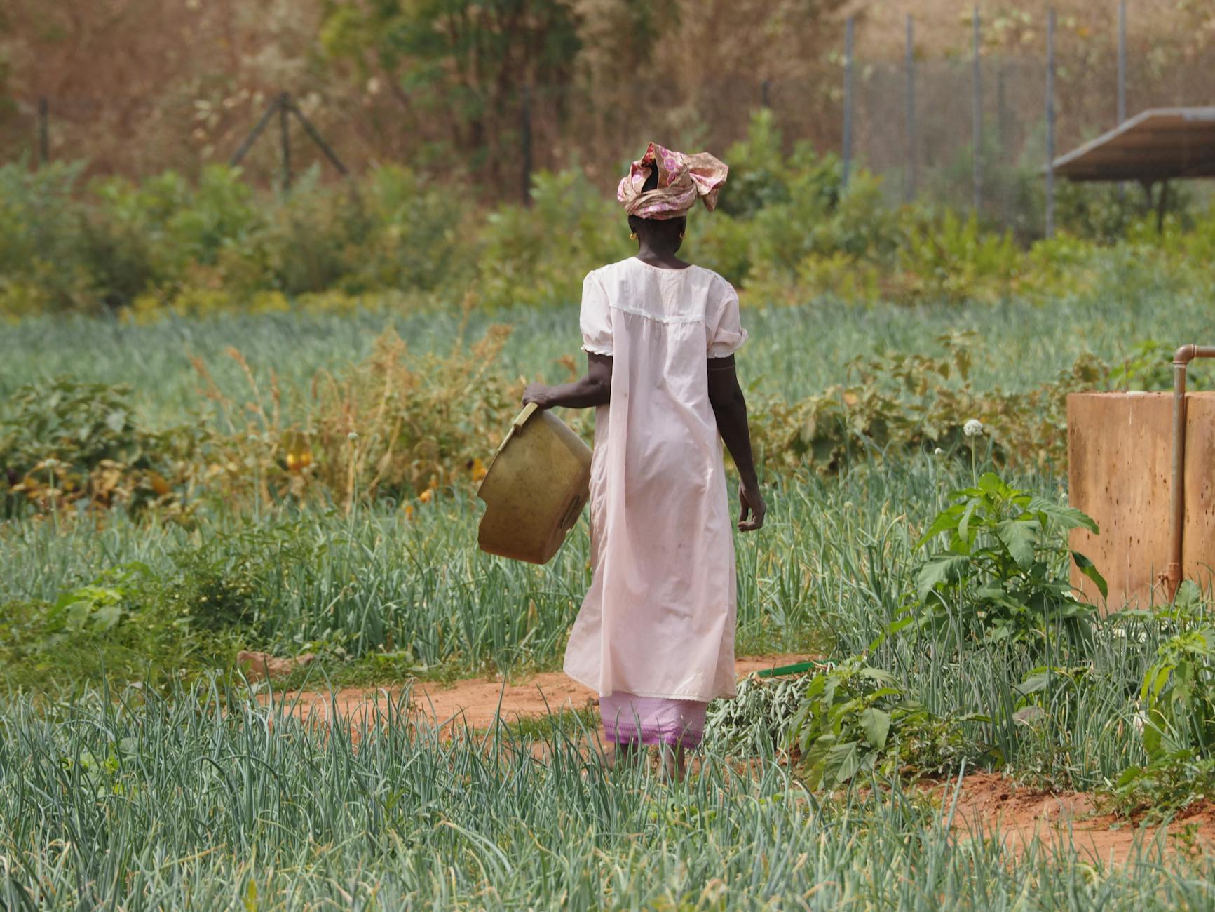 a woman holding plastic bucket
